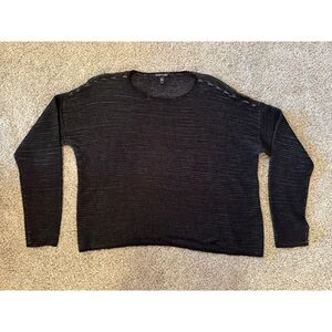 Eileen Fisher Sweater Silk Blend Large Black w Minimal White Stripes Long Sleeve